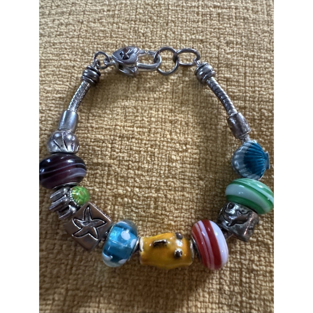 Vintage Sea Life Nautical Vacation Beachy Charm Bracelet Glass Beads
